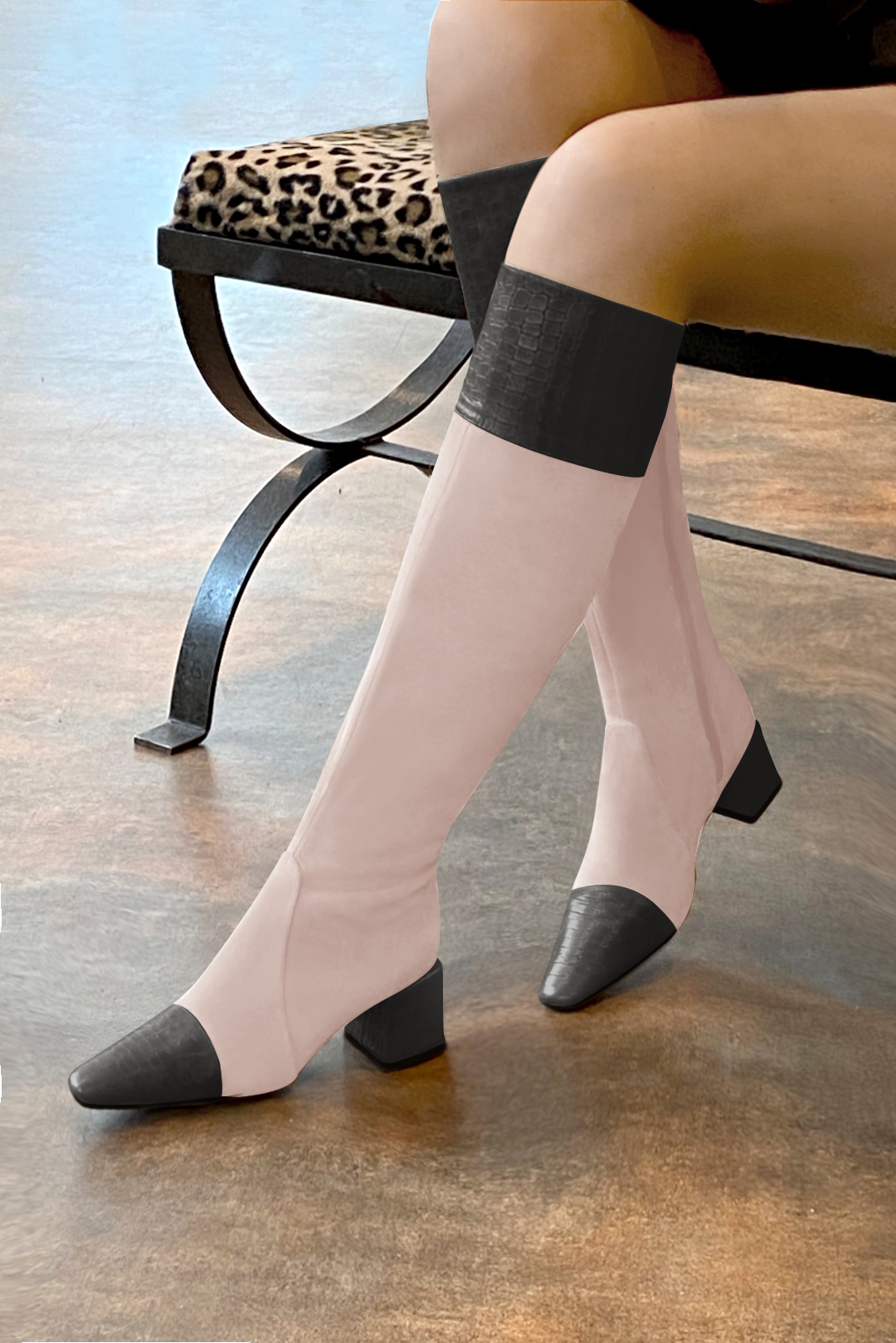 Dark grey and powder pink women's feminine knee-high boots. Tapered toe. Medium block heels. Made to measure. Rear view - Florence KOOIJMAN